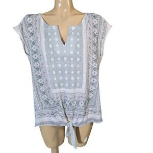 Lucky Brand Geo Pastel Print Split Neck Tie Front‎ Cap Sleeve Top Women's Medium